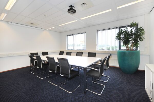 Vergaderruimte aan de Laan van s-Gravenmade met een lange tafel, zwarte stoelen en grote kamerplant bij het raam.